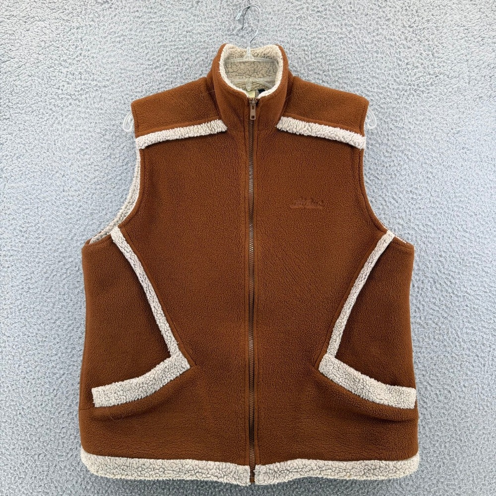 LL Bean Womens Fleece Vest Small Rust Brown Sherpa Trim Full Zip Made in Canada